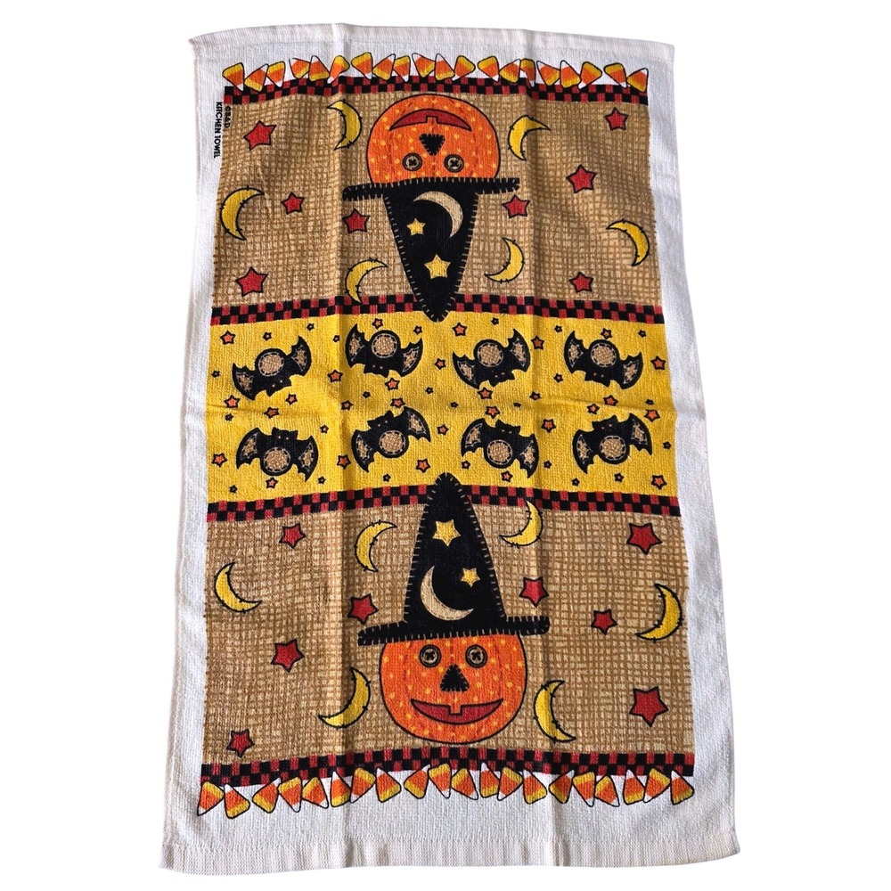 Vtg Halloween Royal Terry Kitchen Towel Pumpkin Bats Moon Candy Corn Decor 90s